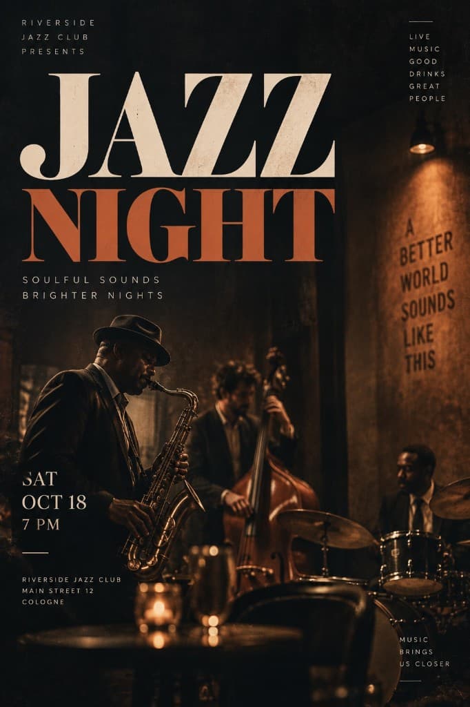 Jazz-Nacht-Poster aus einem vagen Prompt mit Bandfoto und vielen Textzeilen