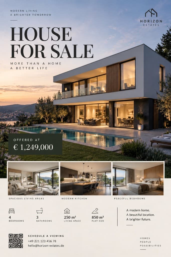Immobilien-Flyer aus einem vagen Prompt mit vielen Infoblöcken und Thumbnails