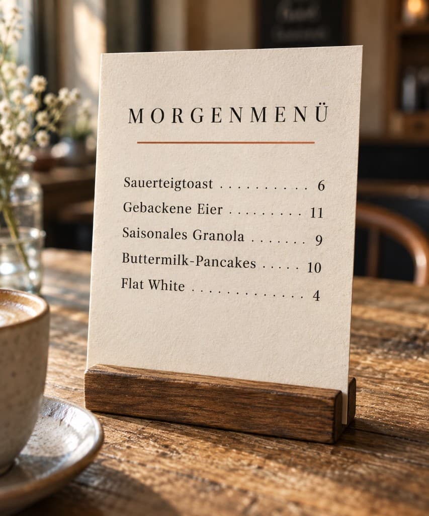 Klare Morgenmenü-Tischkarte mit fünf Gerichten