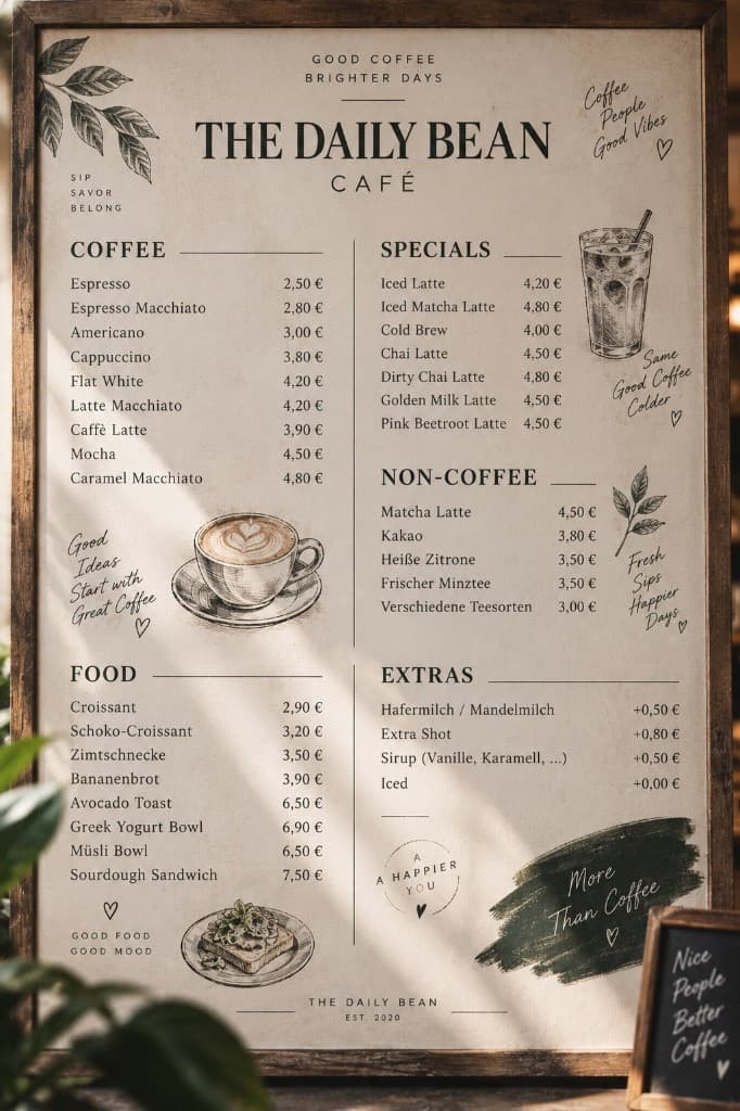 Überladene Café-Menütafel mit Illustrationen und vielen Rubriken