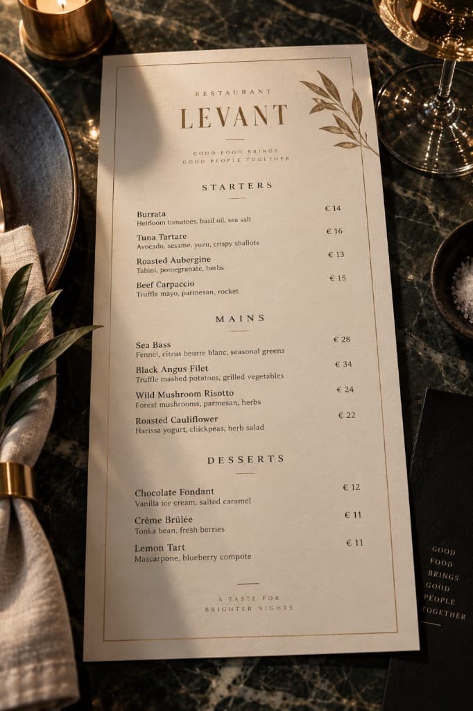 Überladene Fine-Dining-Karte mit Preisen, Rubriken und Goldrahmen
