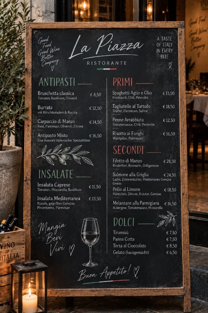 Überladene Restaurant-Kreidetafel mit vielen Rubriken und Illustrationen