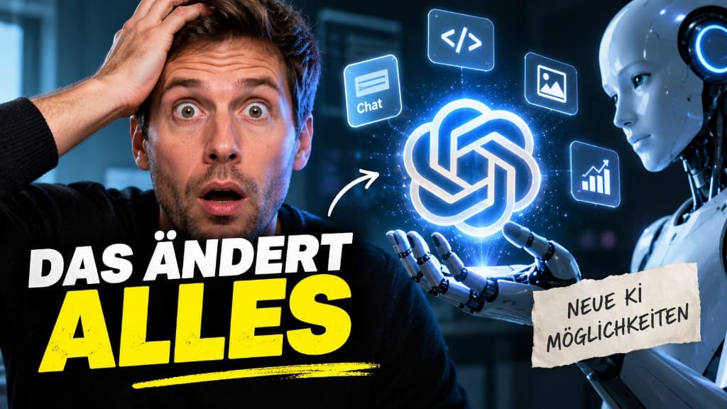 Überladenes KI-Thumbnail mit Roboter, Icons und Pfeilen