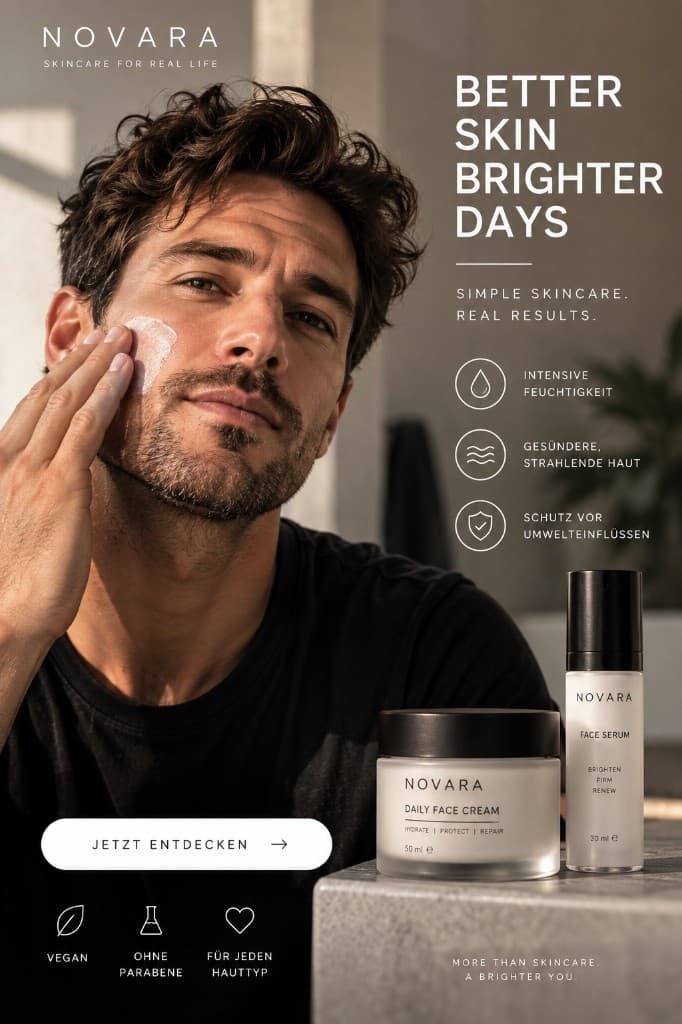 Überladene Skincare-Ad mit Model, Icons und CTA-Button