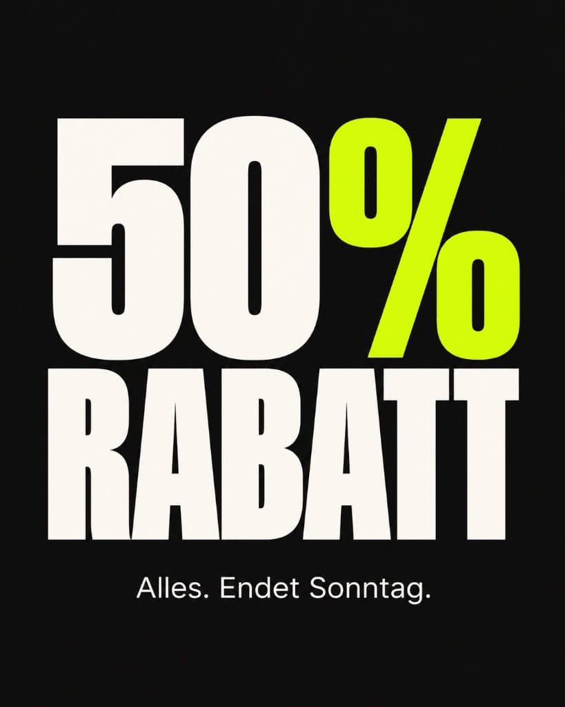 Reine Typo-Sale-Ad mit 50 % Rabatt auf Schwarz