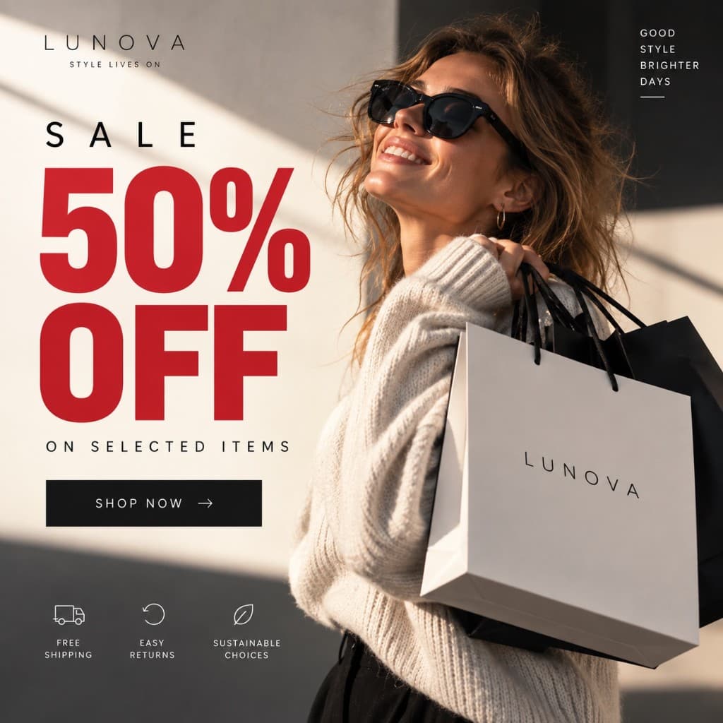Überladene Sale-Ad mit Model, Icons und Shop-Now-Button