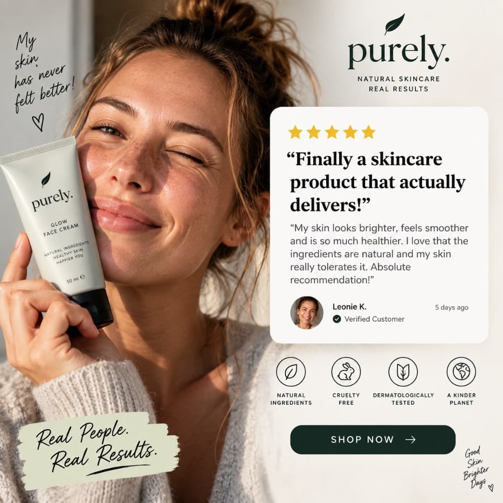 Überladene Testimonial-Ad mit Model, Sternen und Trust-Icons