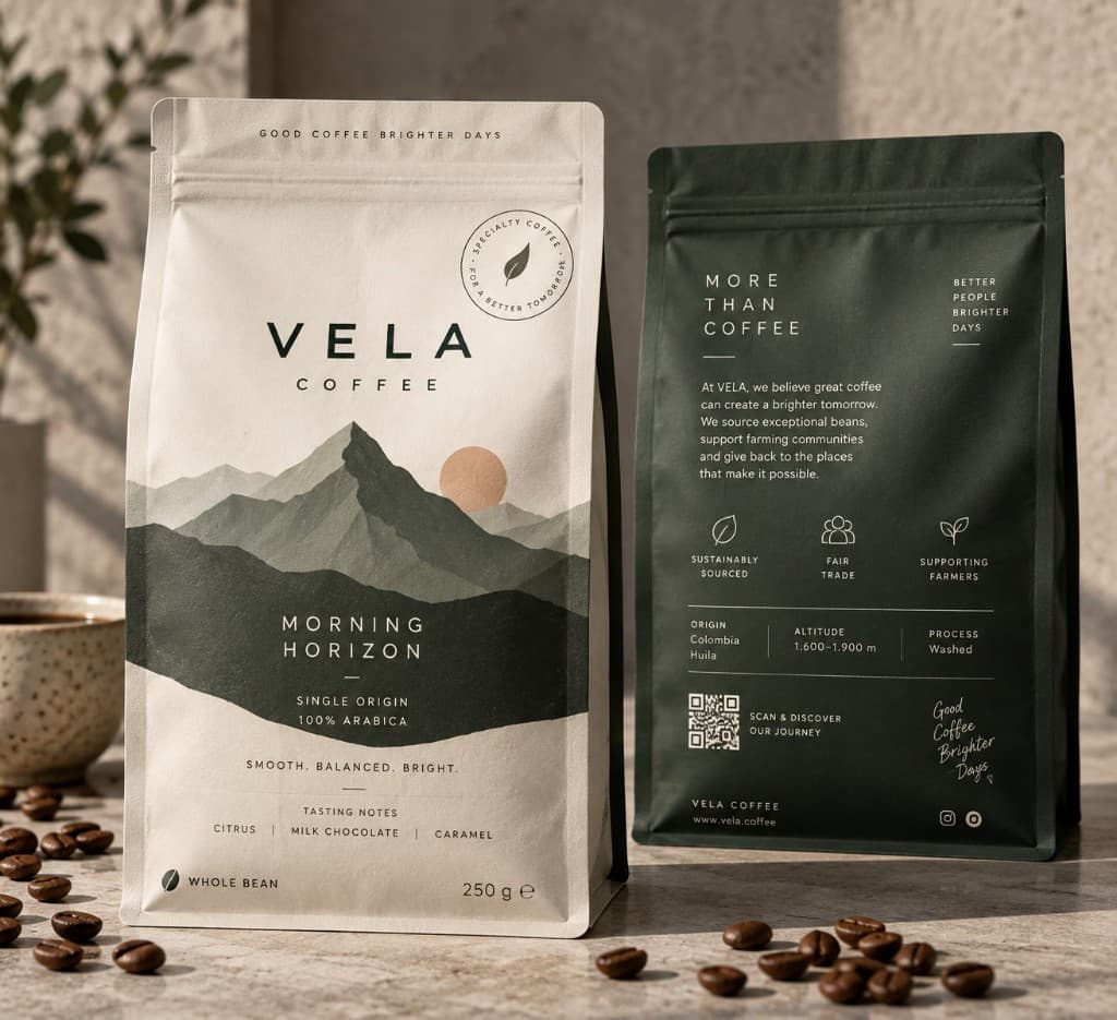 Überladenes Kaffeebeutel-Mockup mit Illustrationen, Icons und QR-Code