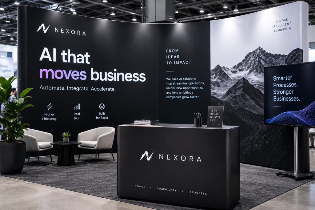 Kompletter Messestand mit vielen Botschaften und Icons