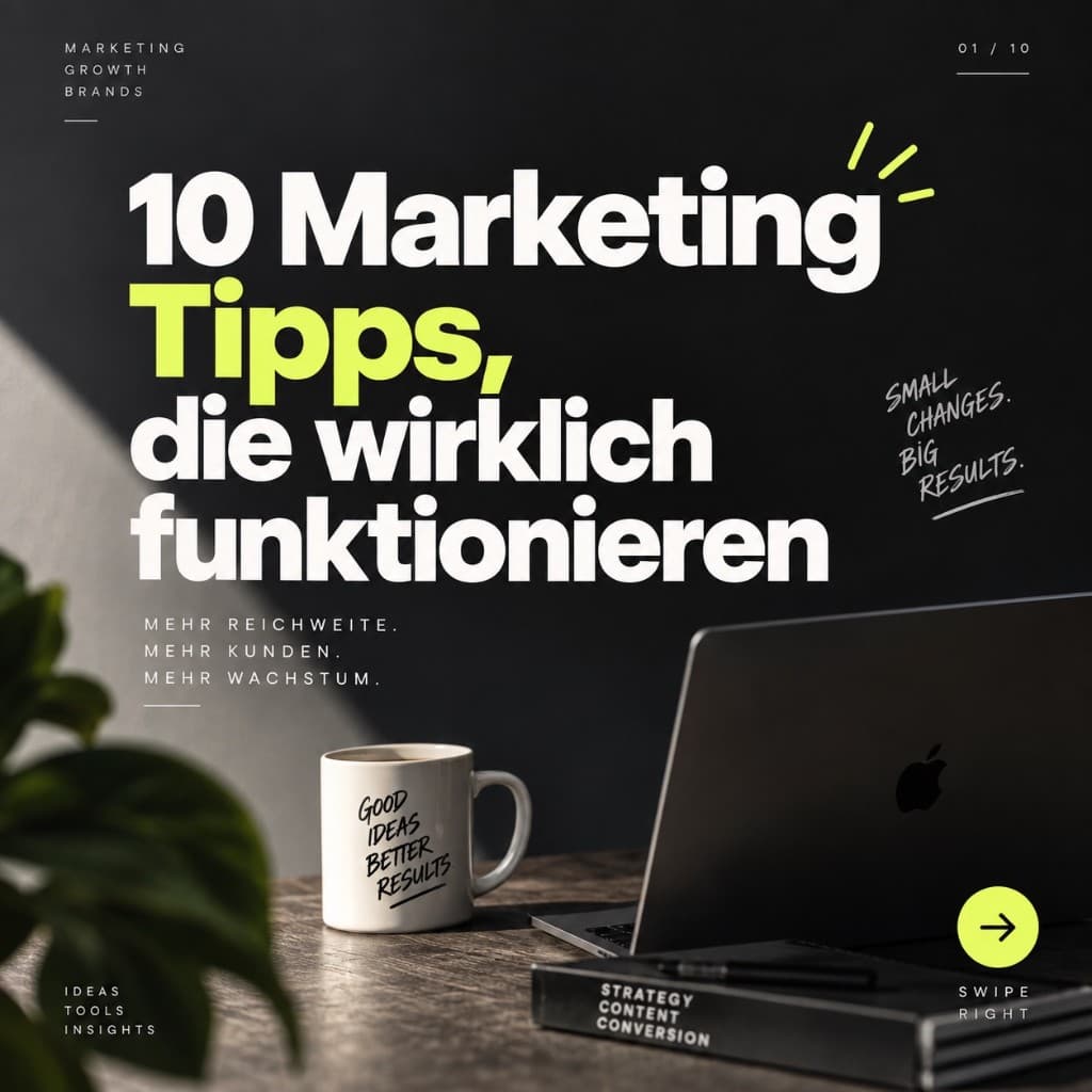 Überladenes Carousel-Cover mit Desk-Foto, Badges und vielen Textblöcken