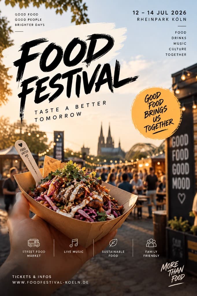 Überladener Food-Festival-Flyer mit Icons, Badges und Dom-Kulisse