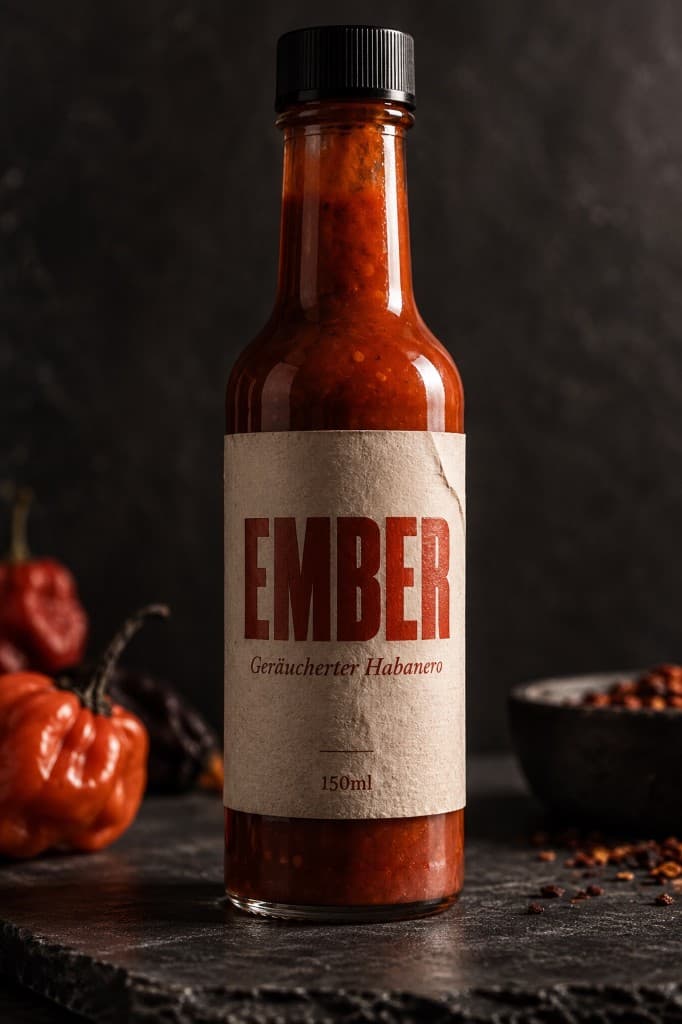 Schlichtes Ember-Etikett mit drei Zeilen auf der Flasche