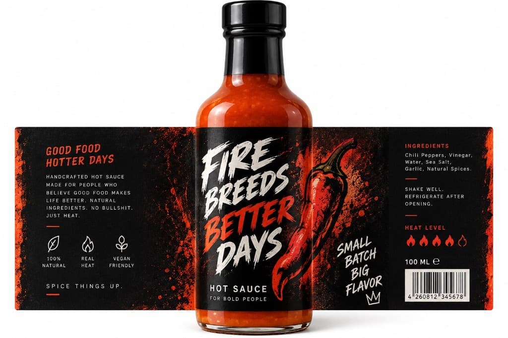 Überladenes Hot-Sauce-Etikett mit Splash, Icons und viel Text